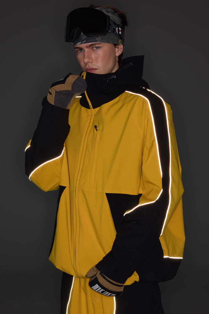 Men's Color Block Yellow & Black Reflective Piping Snow Jacket