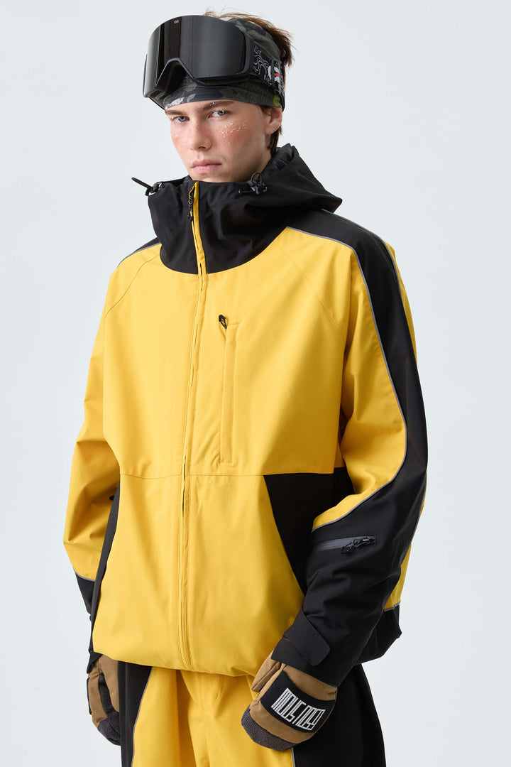Men's Color Block Yellow & Black Reflective Piping Snow Jacket