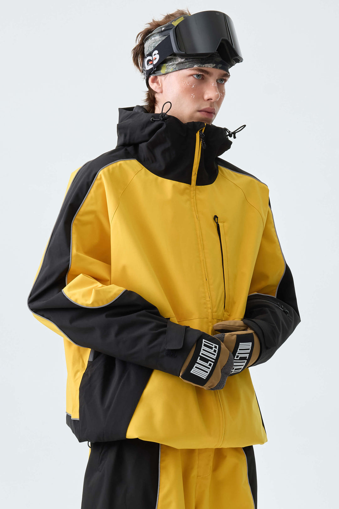 Men's Color Block Yellow & Black Reflective Piping Snow Jacket
