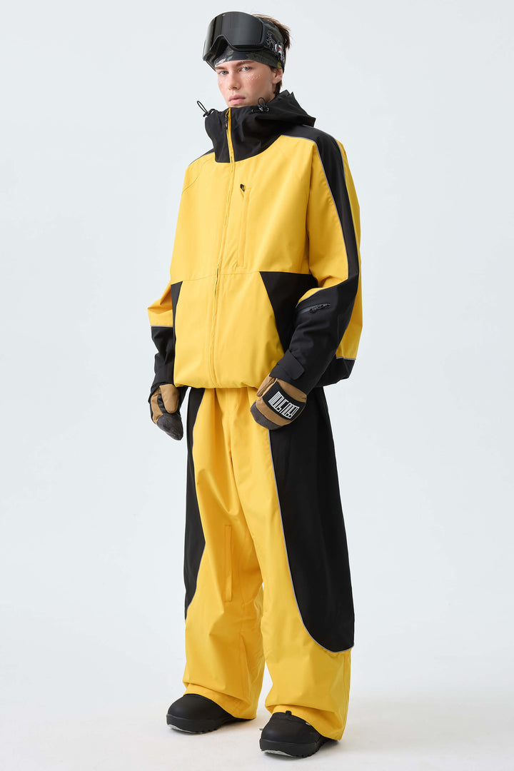 Men's Color Block Yellow & Black Reflective Piping Snow Jacket