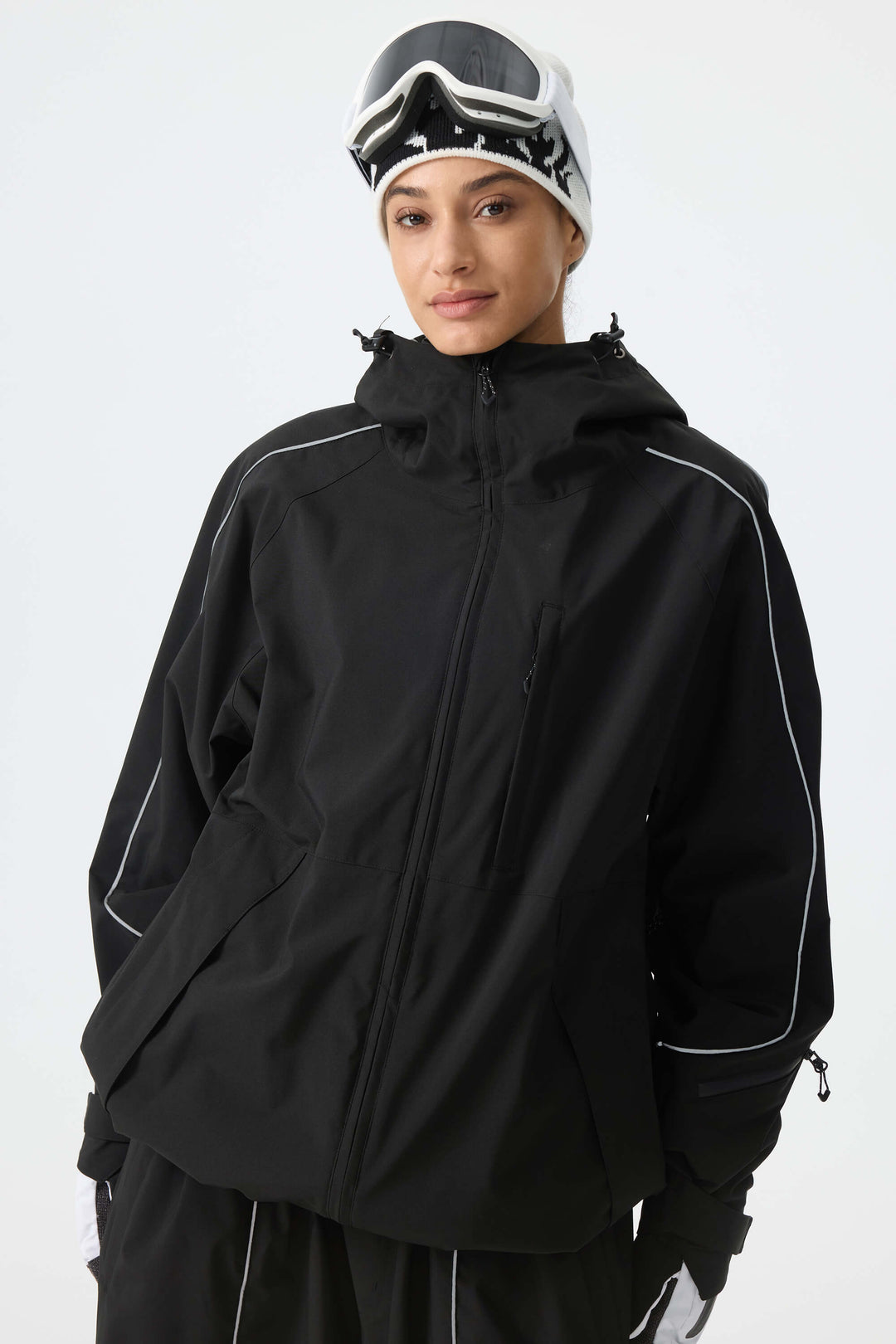 Women's Color Block Off White & Sage Reflective Piping Snow Jacket