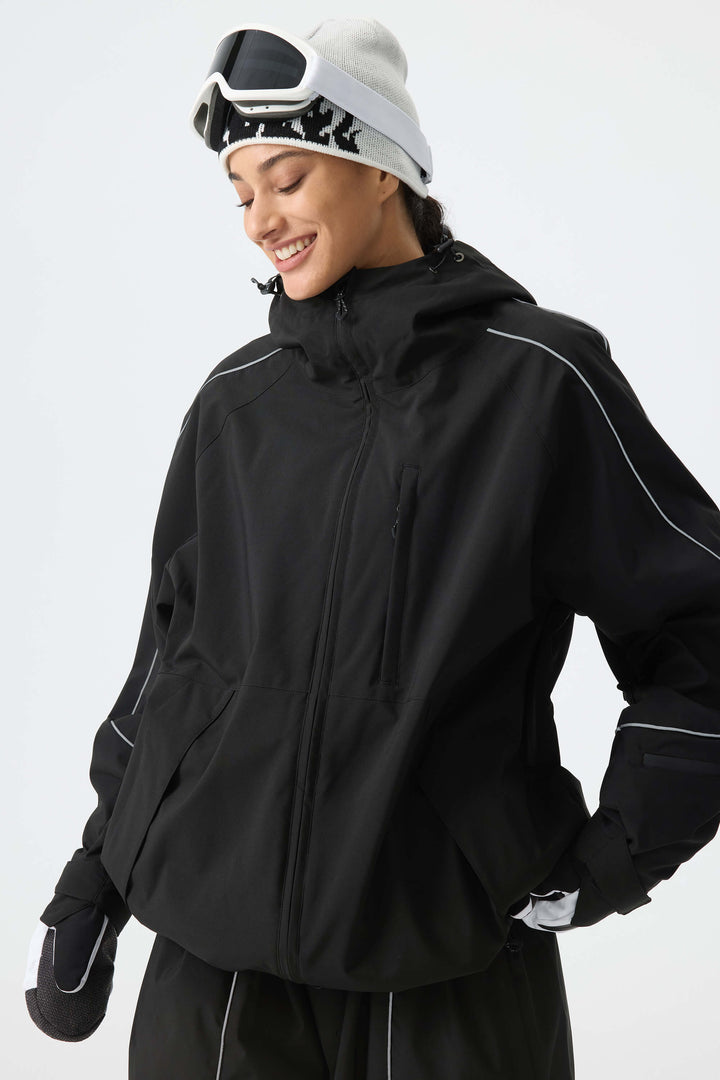 Women's Black Reflective Piping Snow Jacket