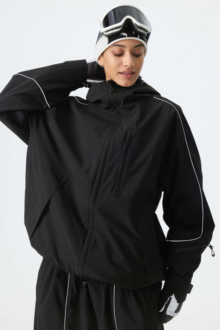 Women's Black Reflective Piping Snow Jacket