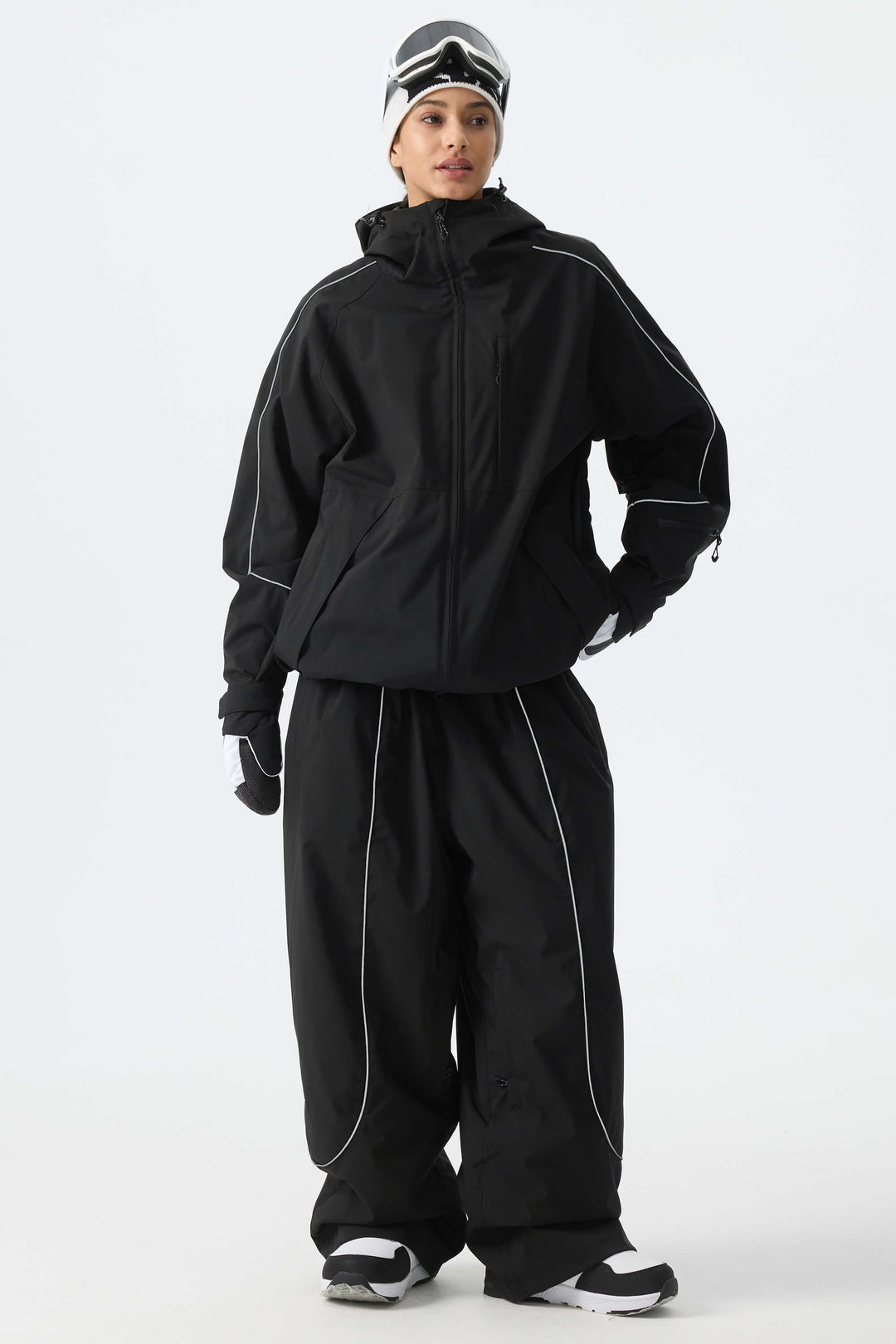 Women's Color Block Off White & Sage Reflective Piping Snow Jacket