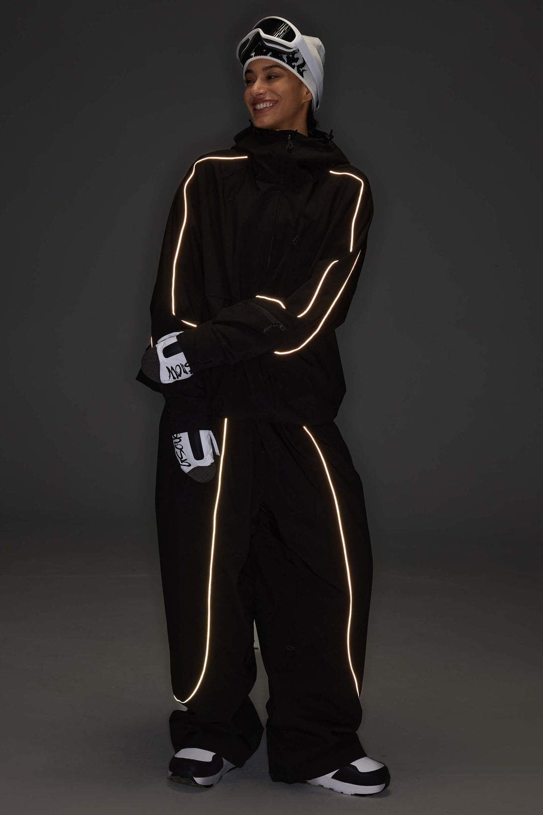 Women's Color Block Off White & Sage Reflective Piping Snow Jacket