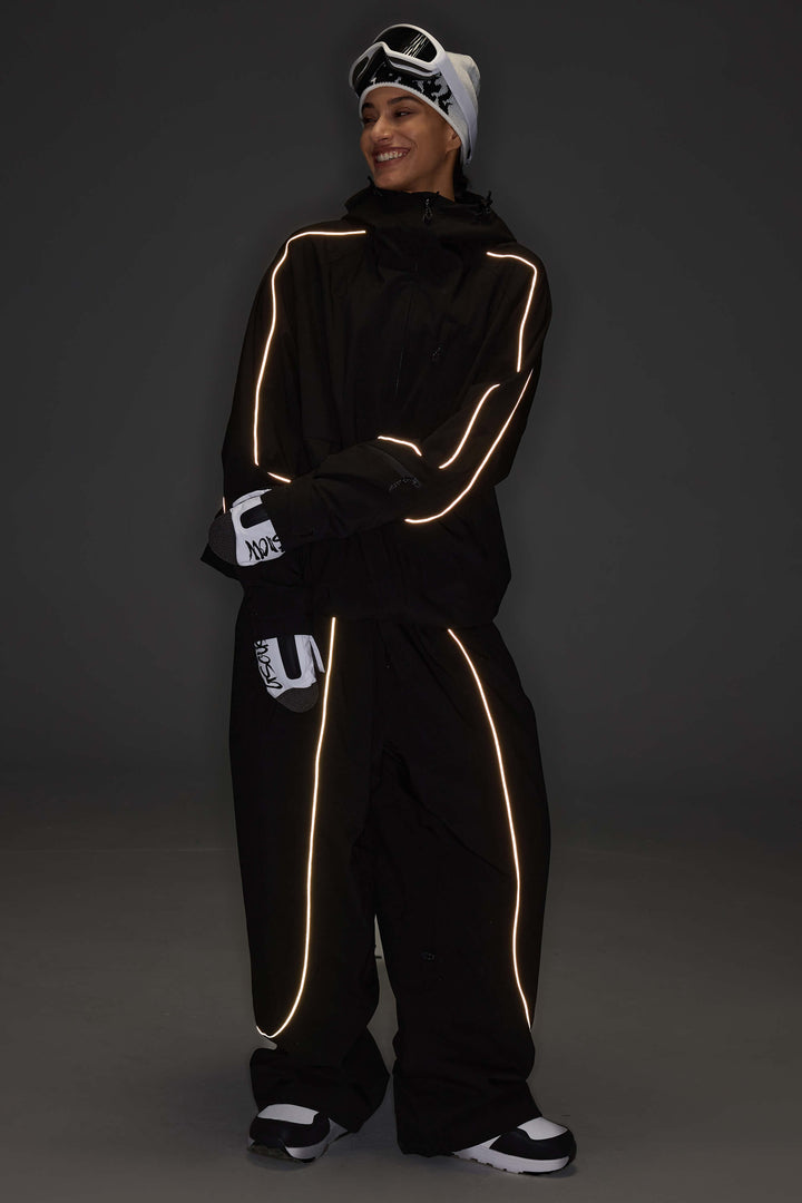 Women's Color Block Off White & Sage Reflective Piping Snow Jacket