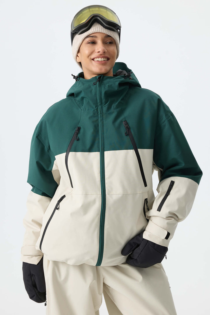 Women's Color Block Off White & Green Multi-Pocket Snow Jacket