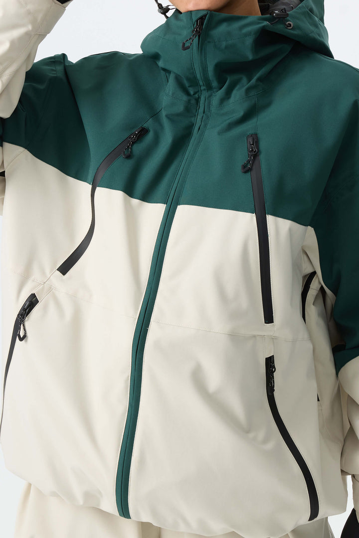 Women's Color Block Off White & Green Multi-Pocket Snow Jacket