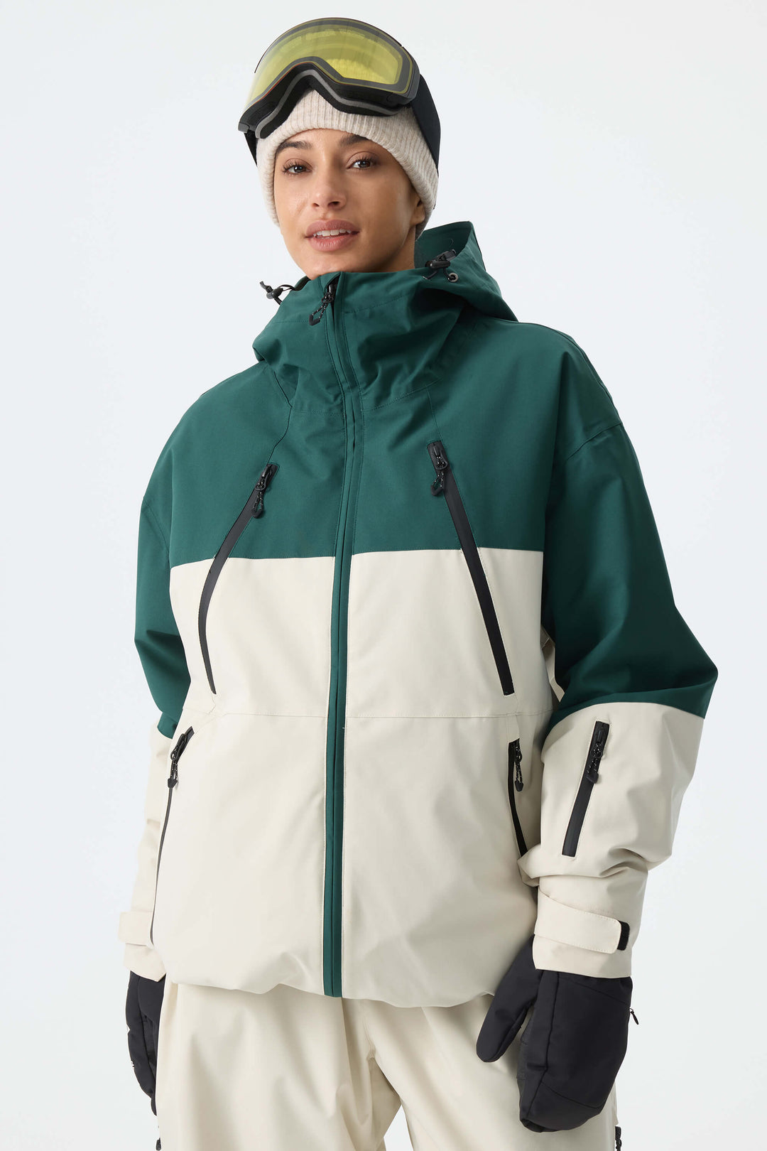 Women's Color Block Off White & Green Multi-Pocket Snow Jacket