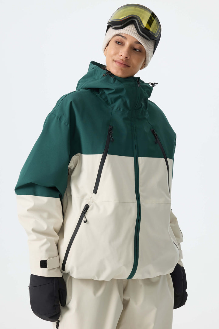 Women's Color Block Off White & Green Multi-Pocket Snow Jacket