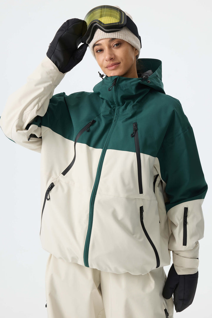 Women's Color Block Off White & Green Multi-Pocket Snow Jacket