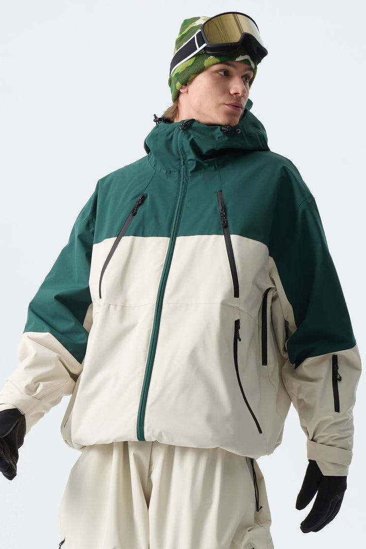 Miesten Color Block -luonnonvalkoinen ja vihreä monitaskuinen lumitakki