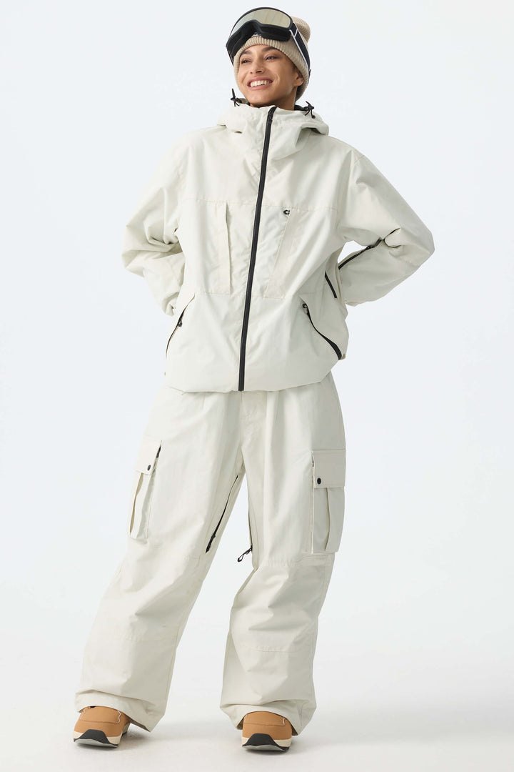 Women's Off White Minimal Multi-Pocket Snow Jacket