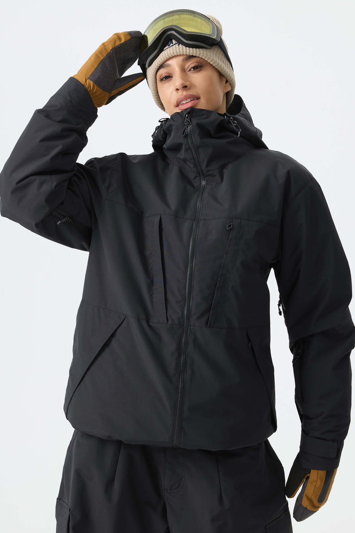 Women's Black Minimal Multi-Pocket Snow Jacket