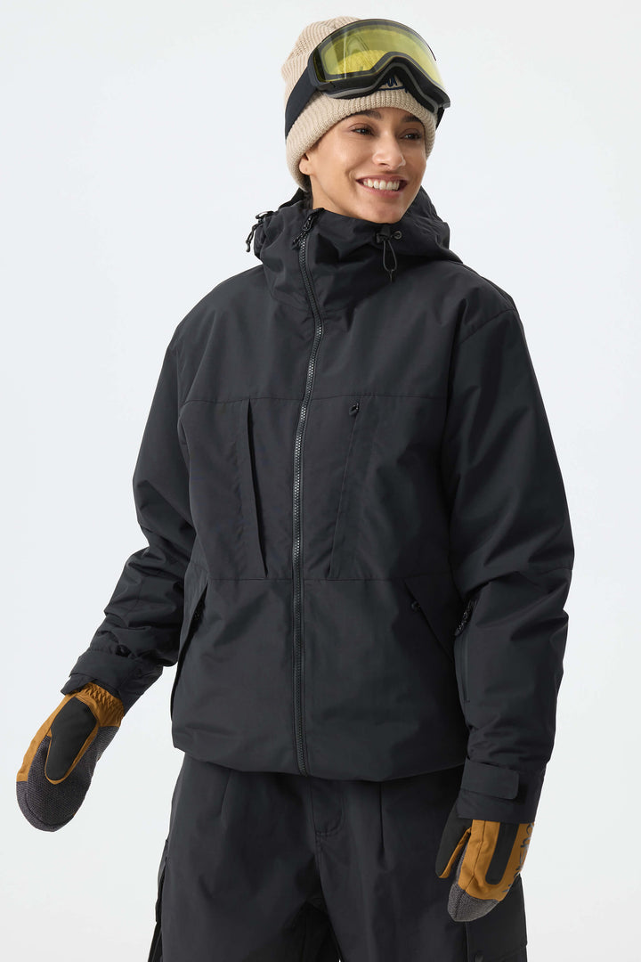 Women's Black Minimal Multi-Pocket Snow Jacket