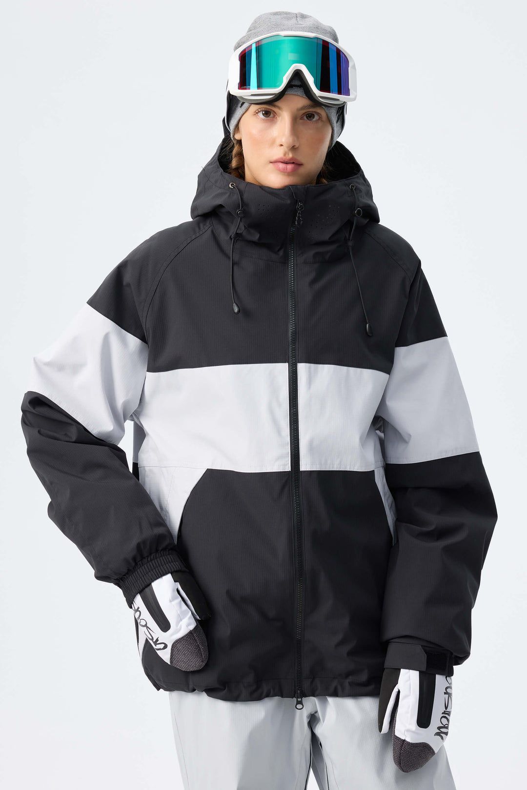 Women's Light Grey Monochrome Colorblock Insulated Snow Jacket