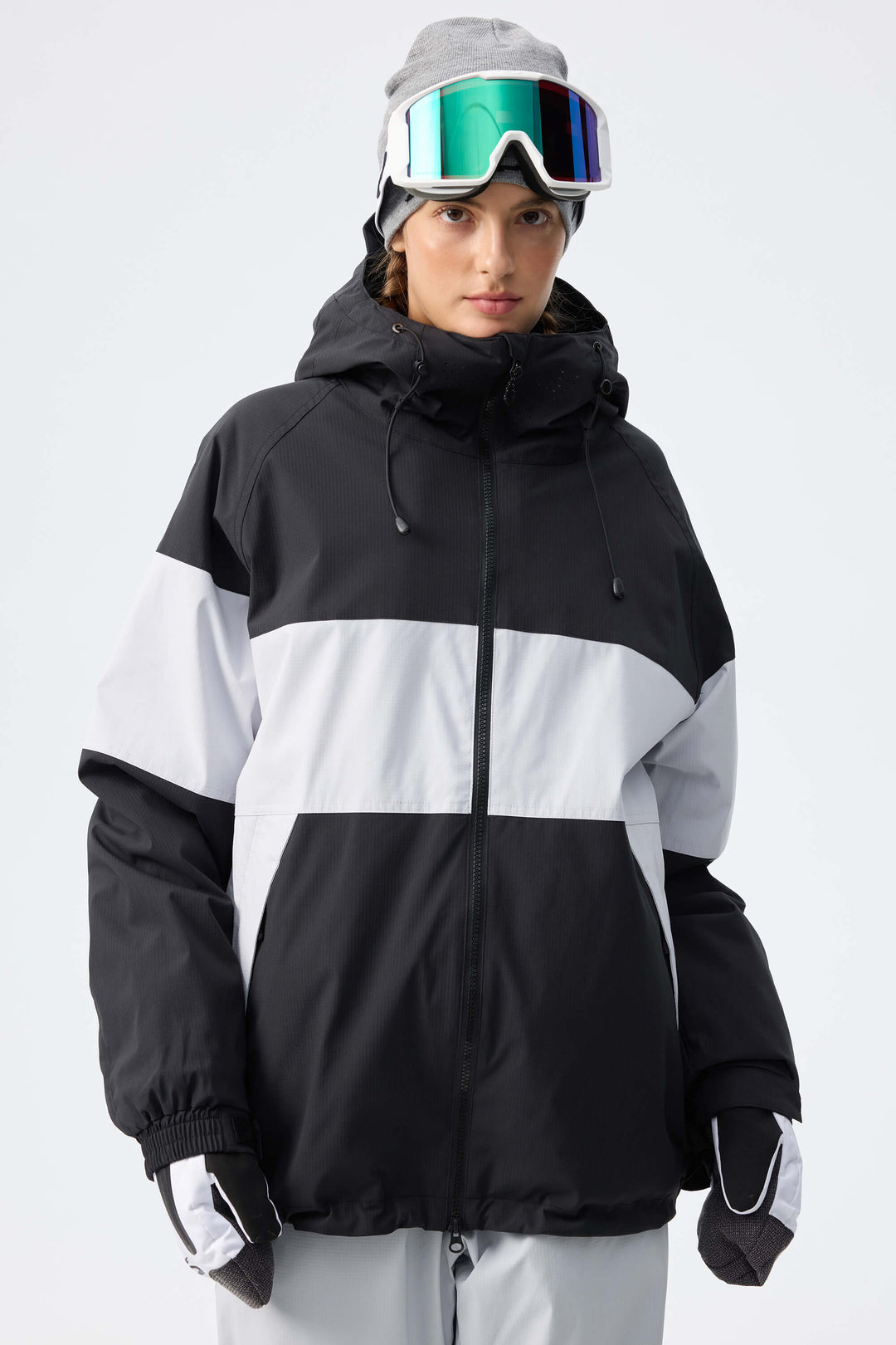 Women's Light Grey & Black Monochrome Colorblock Insulated Snow Jacket