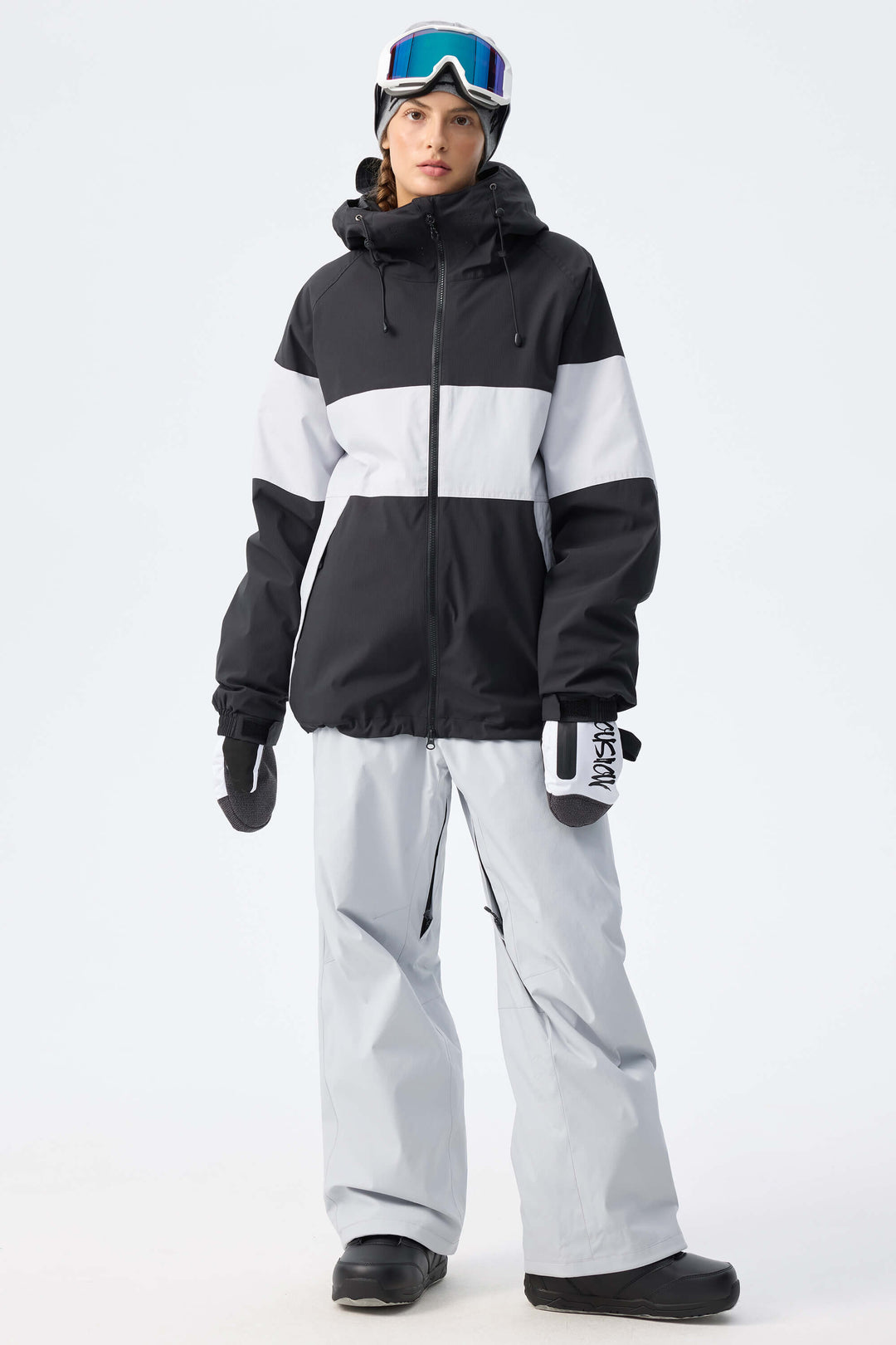 Women's Light Grey & Black Monochrome Colorblock Insulated Snow Jacket