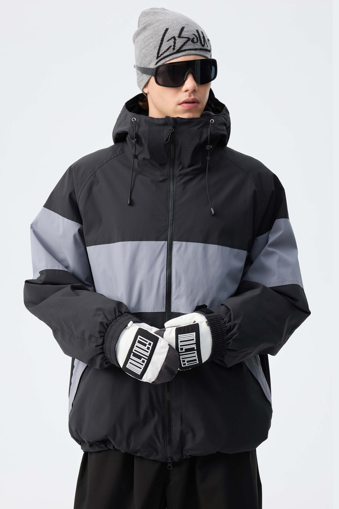 Men's Light Grey & Black Monochrome Colorblock Insulated Snow Jacket