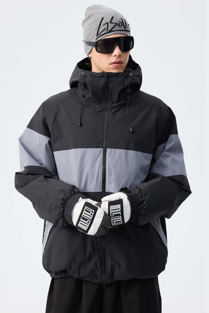 Men's Light Grey & Black Monochrome Colorblock Insulated Snow Jacket