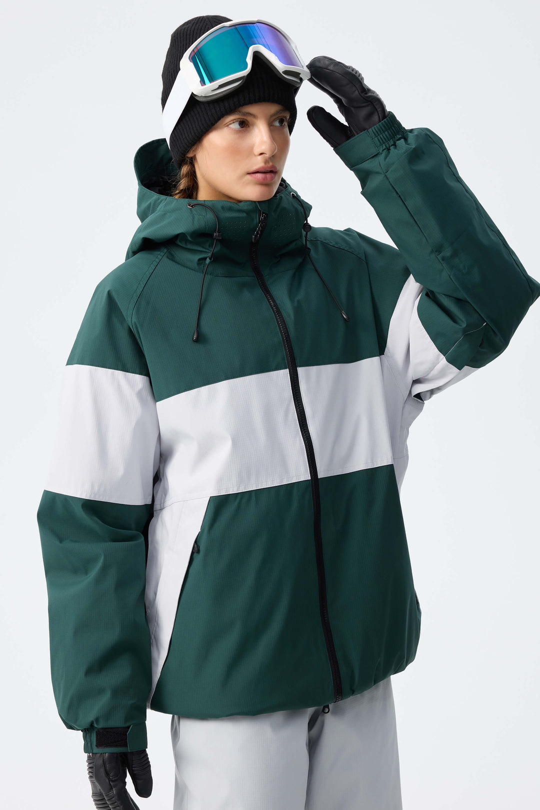 Women's Light Grey Monochrome Colorblock Insulated Snow Jacket