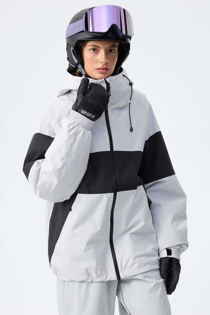 Women's Light Grey Monochrome Colorblock Insulated Snow Jacket