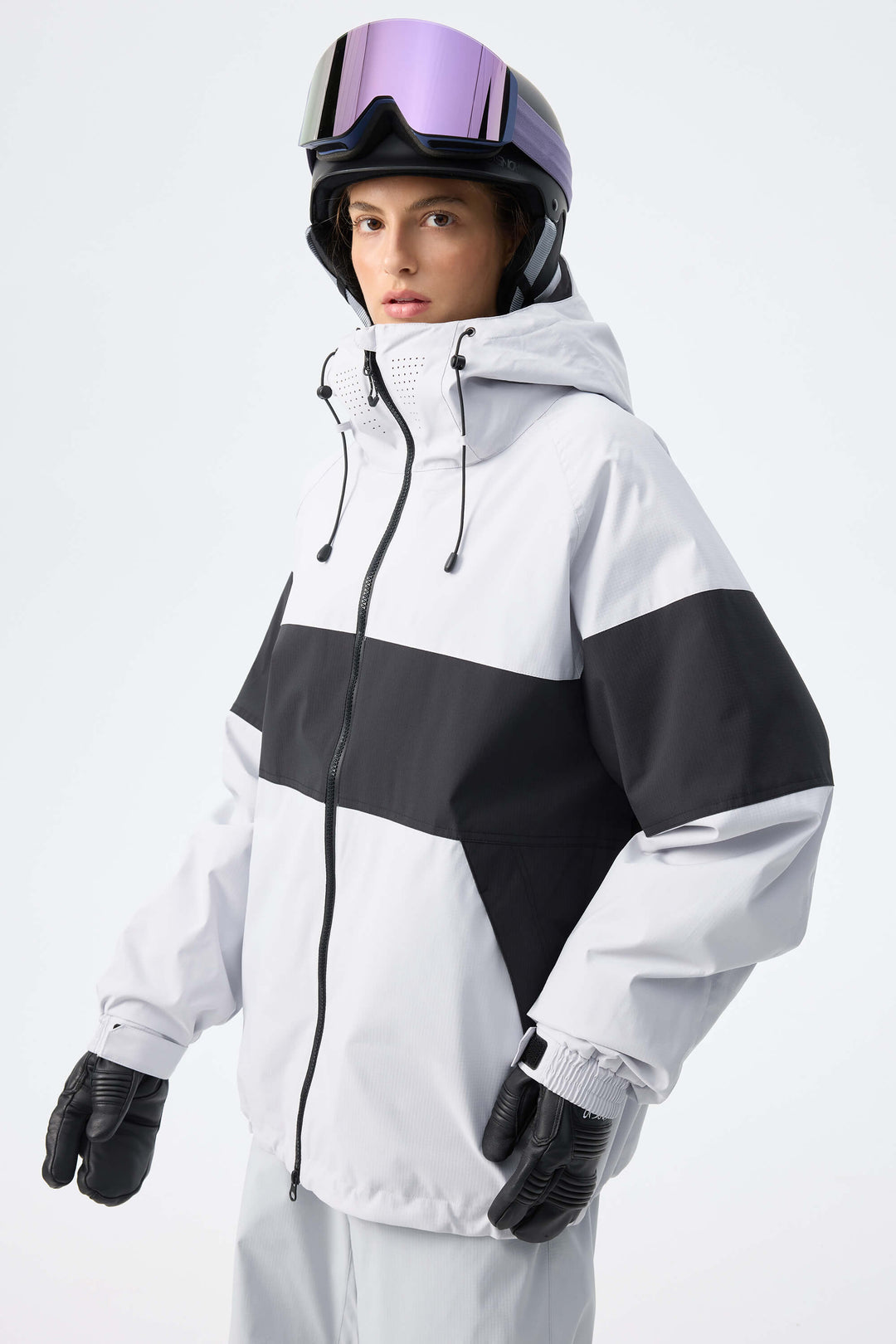 Women's Light Grey Monochrome Colorblock Insulated Snow Jacket