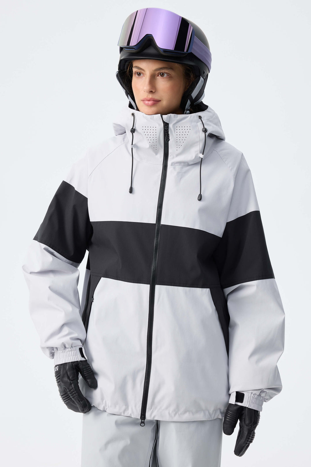 Women's Light Grey Monochrome Colorblock Insulated Snow Jacket