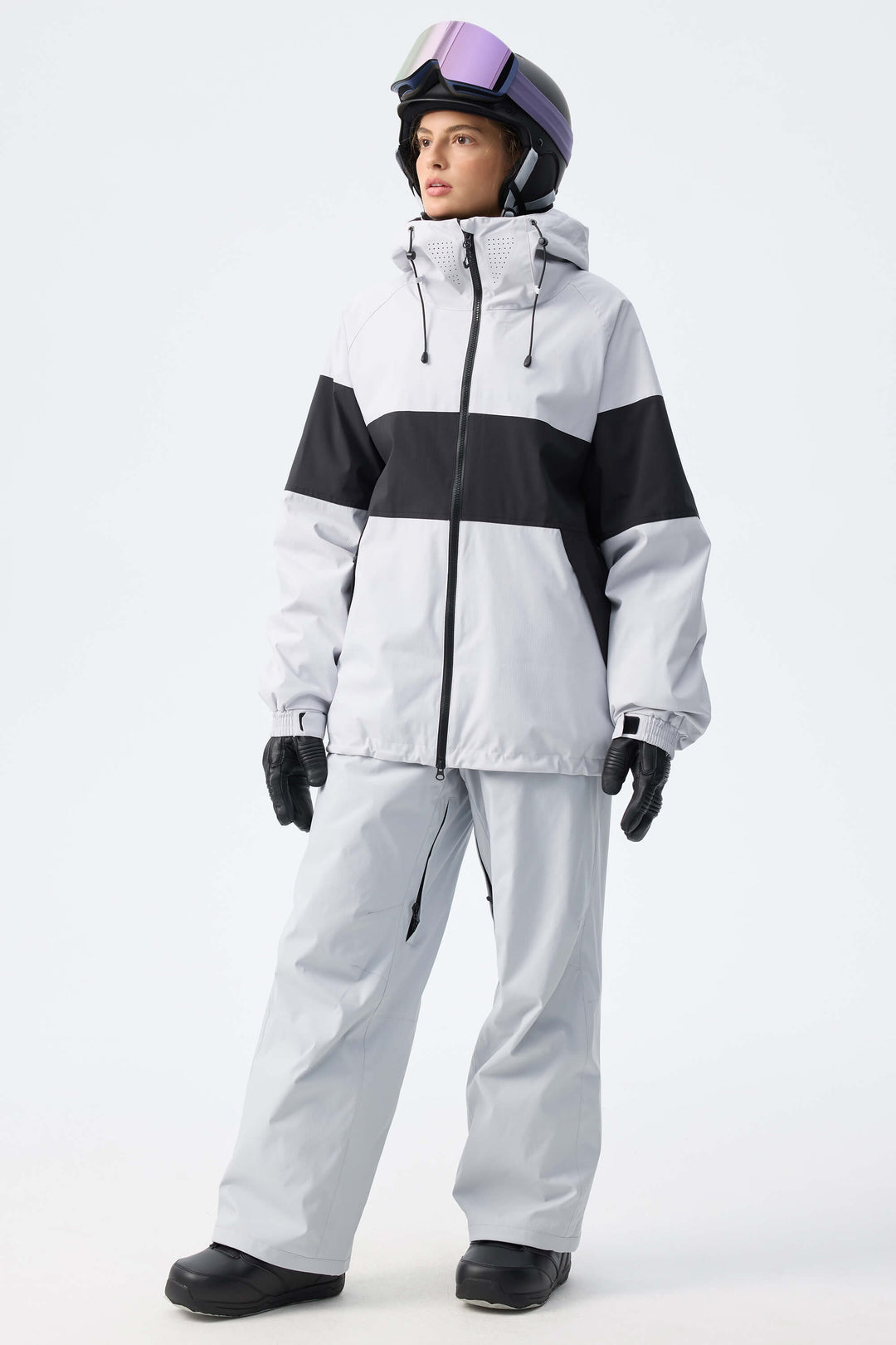 Women's Light Grey Monochrome Colorblock Insulated Snow Jacket