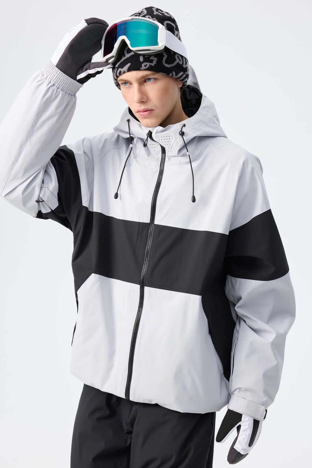 Men's Light Grey Monochrome Colorblock Insulated Snow Jacket