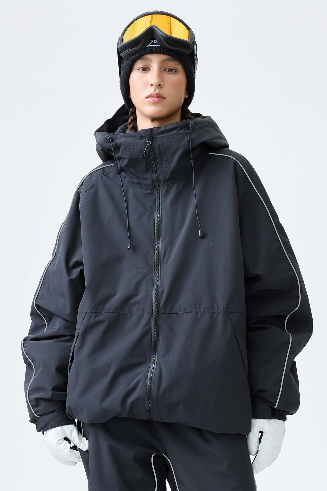 Women's Light Gray Reflective Side-Piping Insulated Snow Jacket