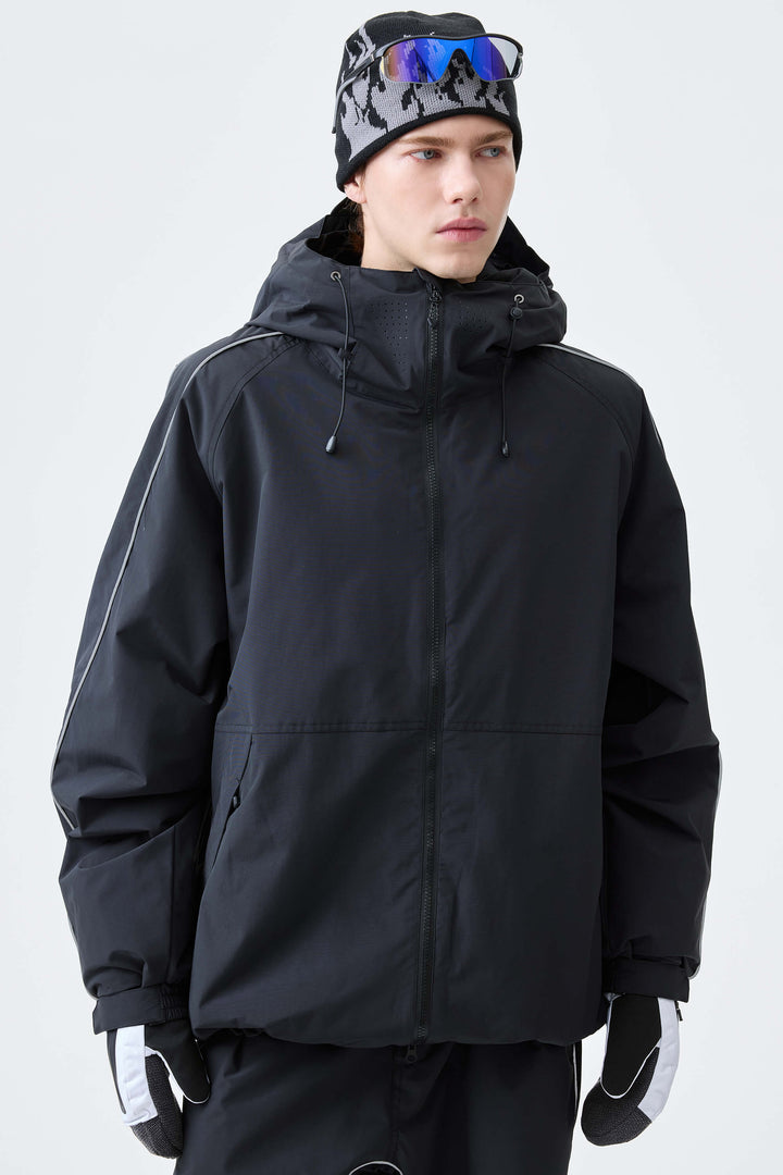 Men's Black Reflective Side-Piping Insulated Snow Jacket