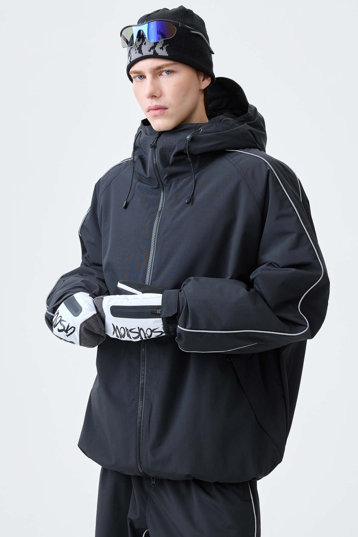 Men's Black Reflective Side-Piping Insulated Snow Jacket