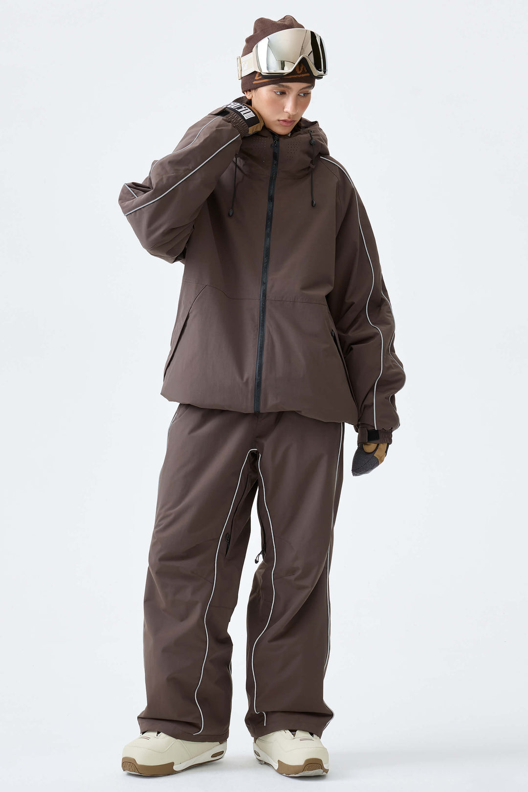 Women's Dark Brown Reflective Side-Piping Insulated Snow Jacket