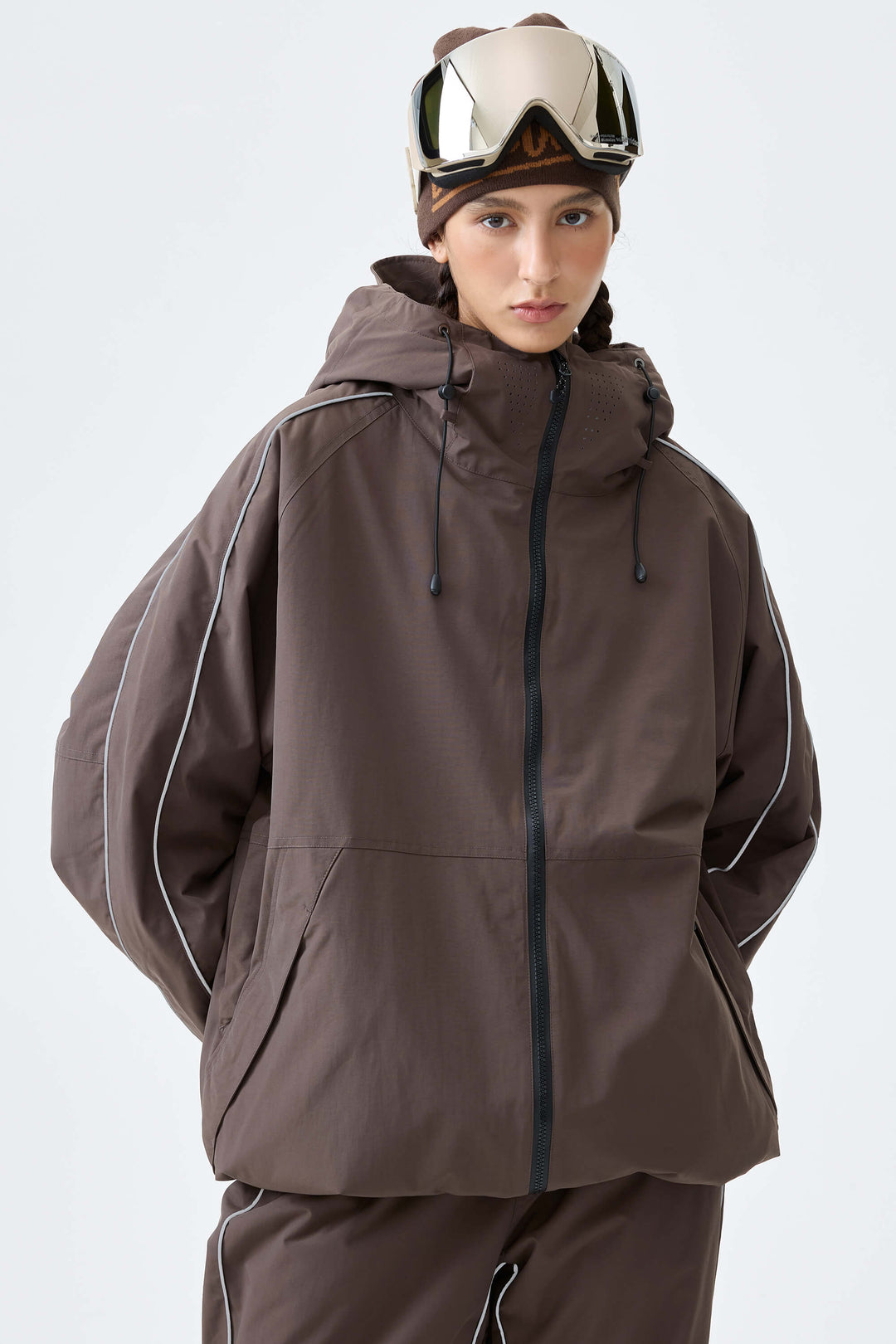 Women's Light Gray Reflective Side-Piping Insulated Snow Jacket