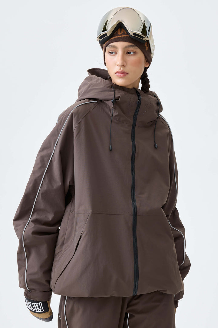 Women's Dark Brown Reflective Side-Piping Insulated Snow Jacket