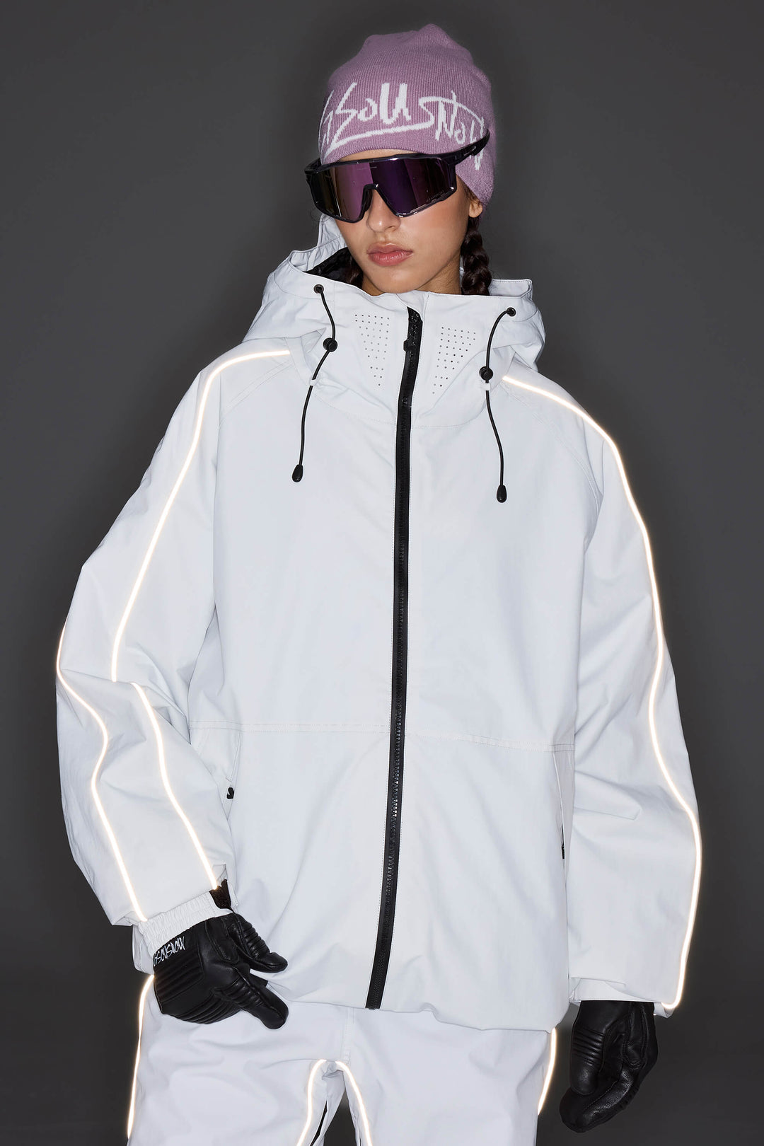 Women's Light Gray Reflective Side-Piping Insulated Snow Jacket