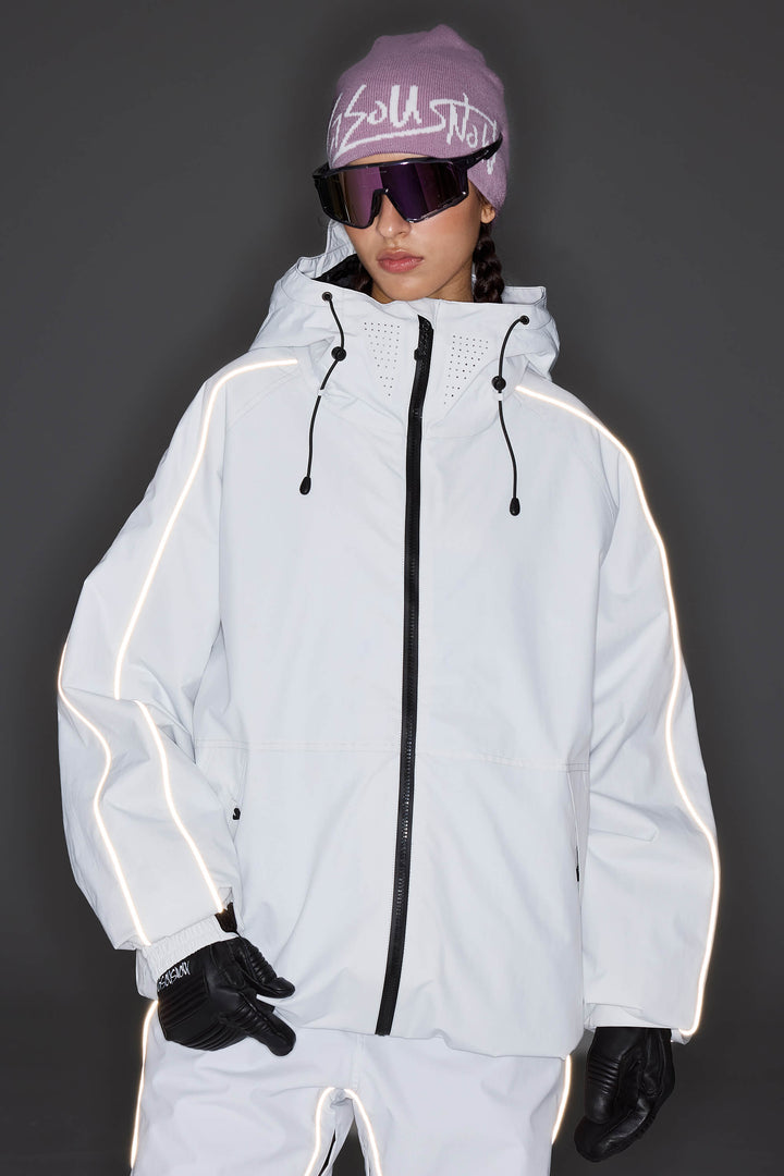 Women's Light Gray Reflective Side-Piping Insulated Snow Jacket