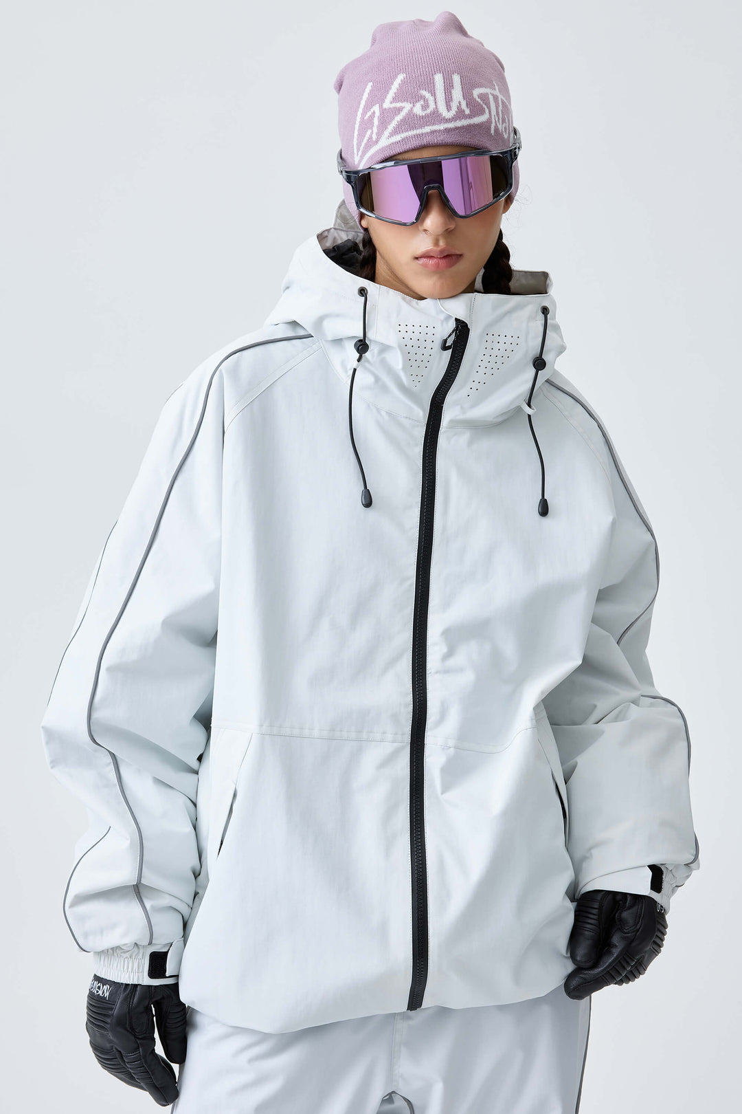 Women's Light Gray Reflective Side-Piping Insulated Snow Jacket