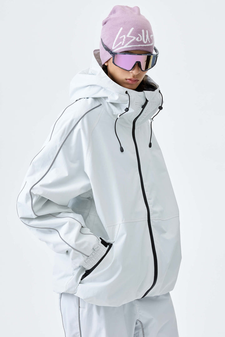Women's Light Gray Reflective Side-Piping Insulated Snow Jacket