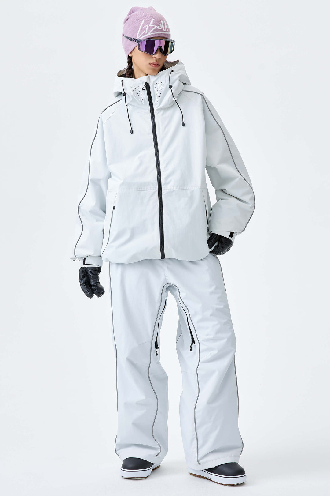 Women's Light Gray Reflective Side-Piping Insulated Snow Jacket