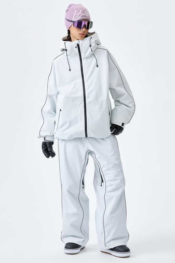 Women's Light Gray Reflective Side-Piping Insulated Snow Jacket