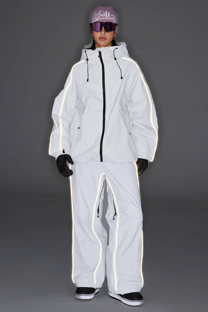 Women's Light Gray Reflective Side-Piping Insulated Snow Jacket