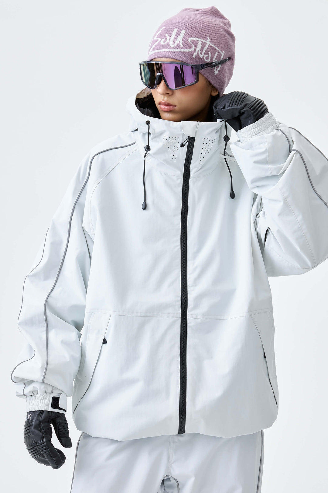 Women's Light Gray Reflective Side-Piping Insulated Snow Jacket