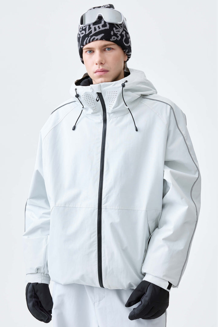 Men's Light Gray Reflective Side-Piping Insulated Snow Jacket