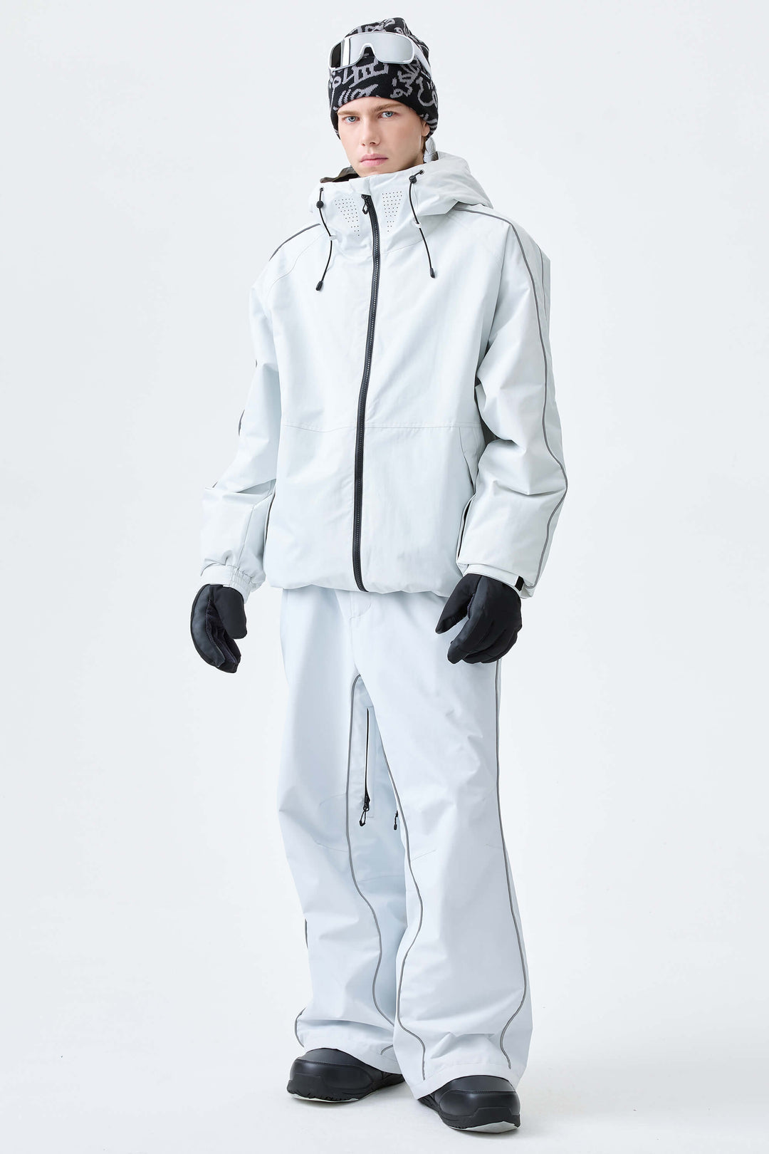 Men's Light Gray Reflective Side-Piping Insulated Snow Jacket