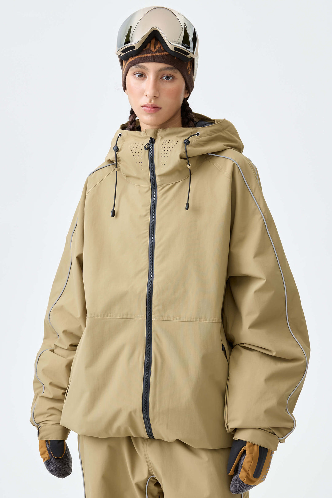 Women's Light Gray Reflective Side-Piping Insulated Snow Jacket