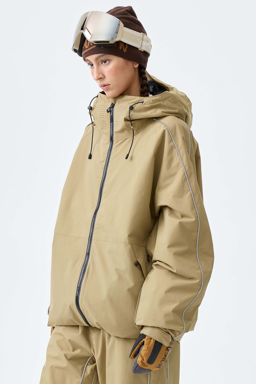 Women's Light Gray Reflective Side-Piping Insulated Snow Jacket