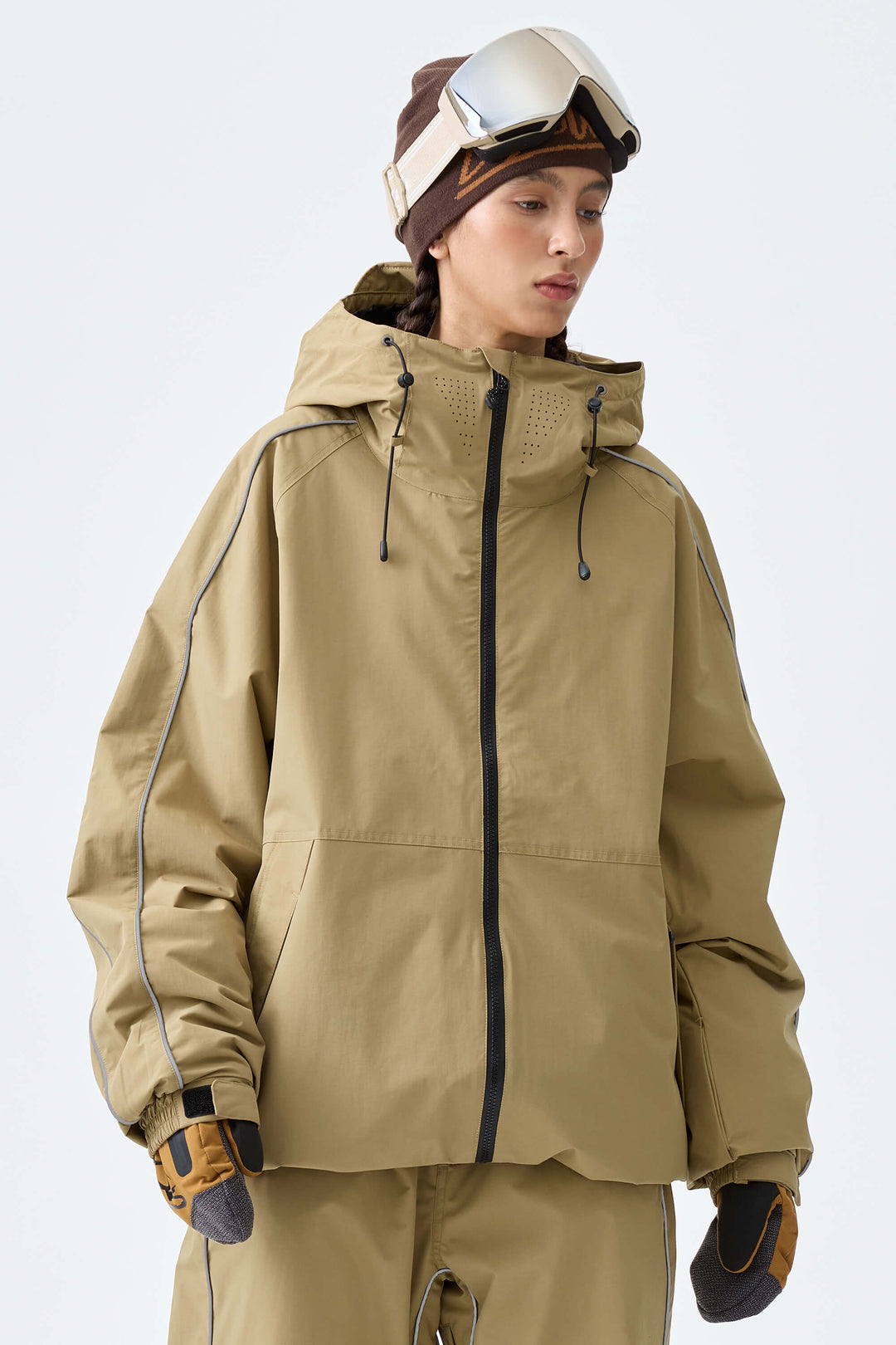 Women's Khaki Reflective Side-Piping Insulated Snow Jacket