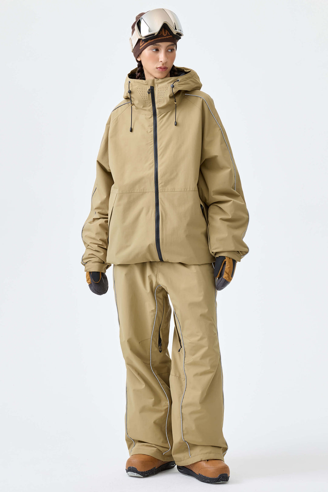Women's Khaki Reflective Side-Piping Insulated Snow Jacket